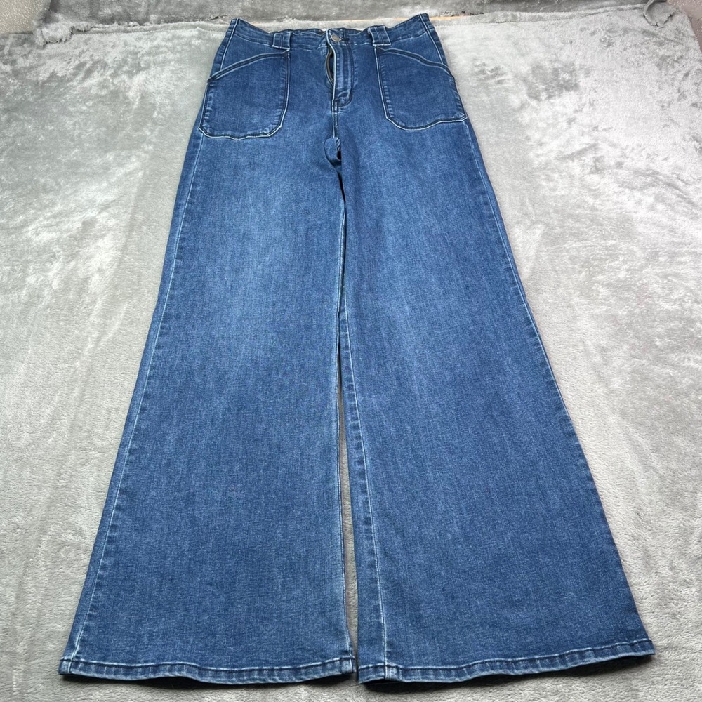 Just Black Denim Wide Leg Jeans Womens 28 Blue Stretch Front Patch Pockets Flare